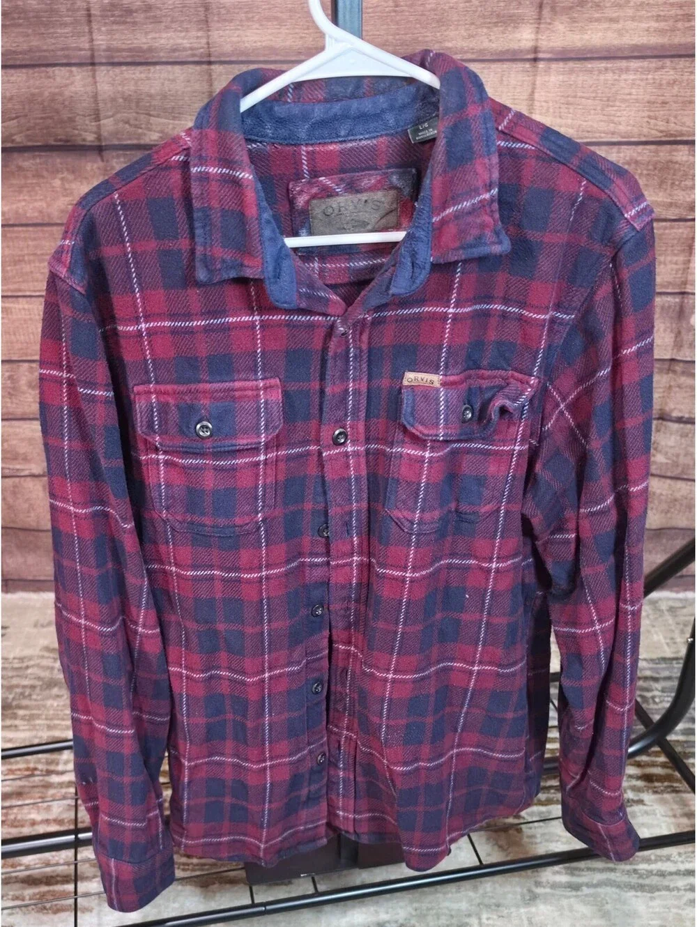 Orvis Men's Red and Navy Plaid Flannel Shirt Large